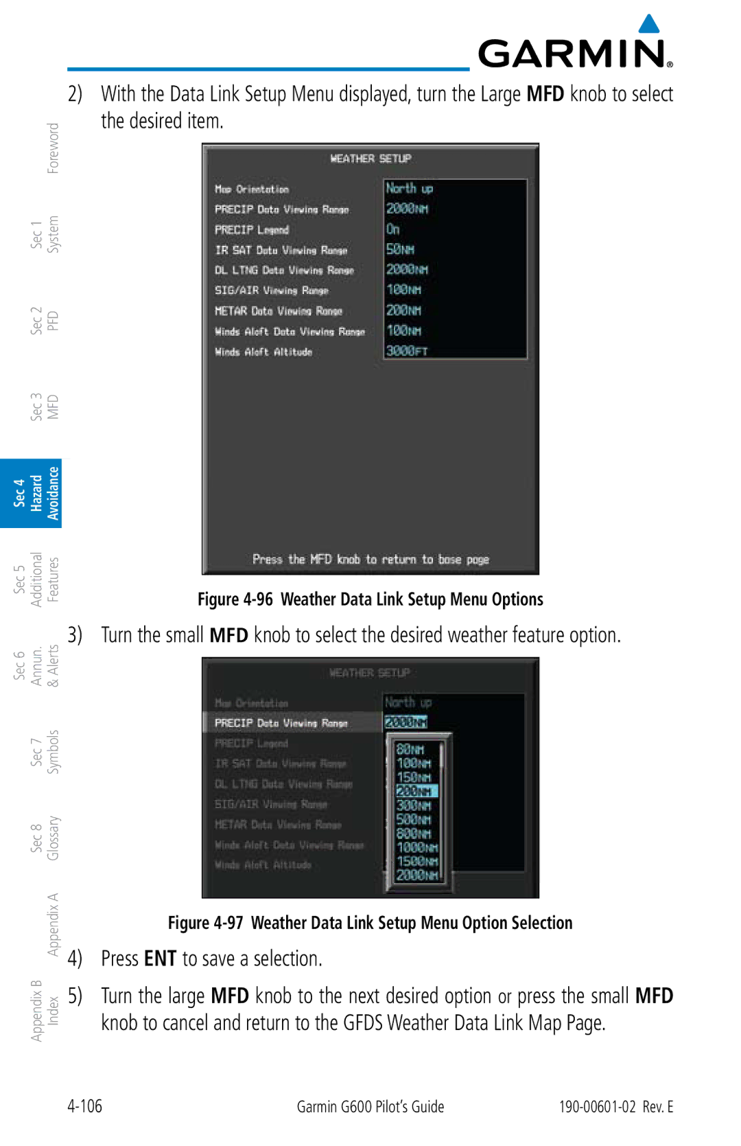 Garmin G600 manual Weather Data Link Setup Menu Options 