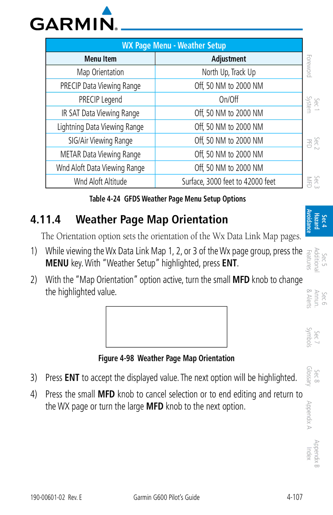 Garmin G600 manual Weather Page Map Orientation, Gfds Weather Page Menu Setup Options 