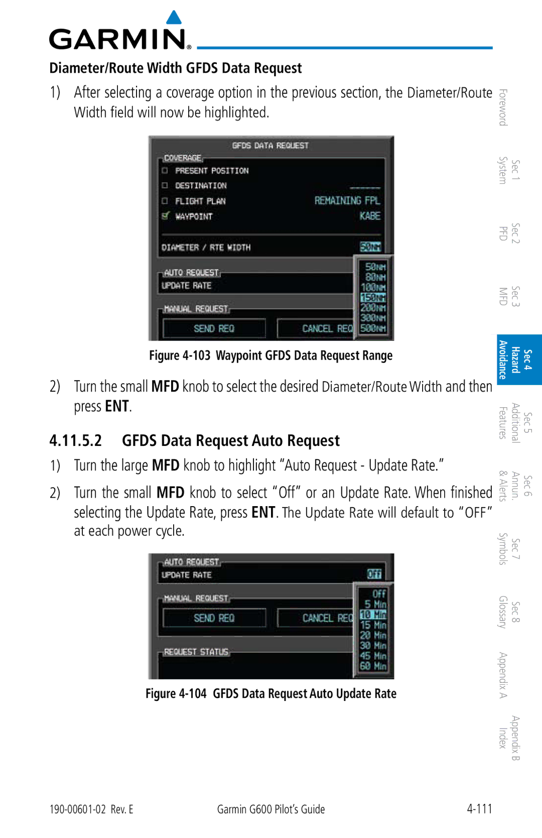 Garmin G600 manual Gfds Data Request Auto Request, Diameter/Route Width Gfds Data Request 