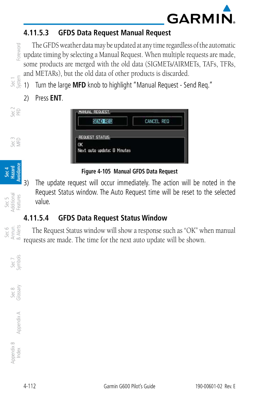 Garmin G600 manual Gfds Data Request Manual Request, Gfds Data Request Status Window 