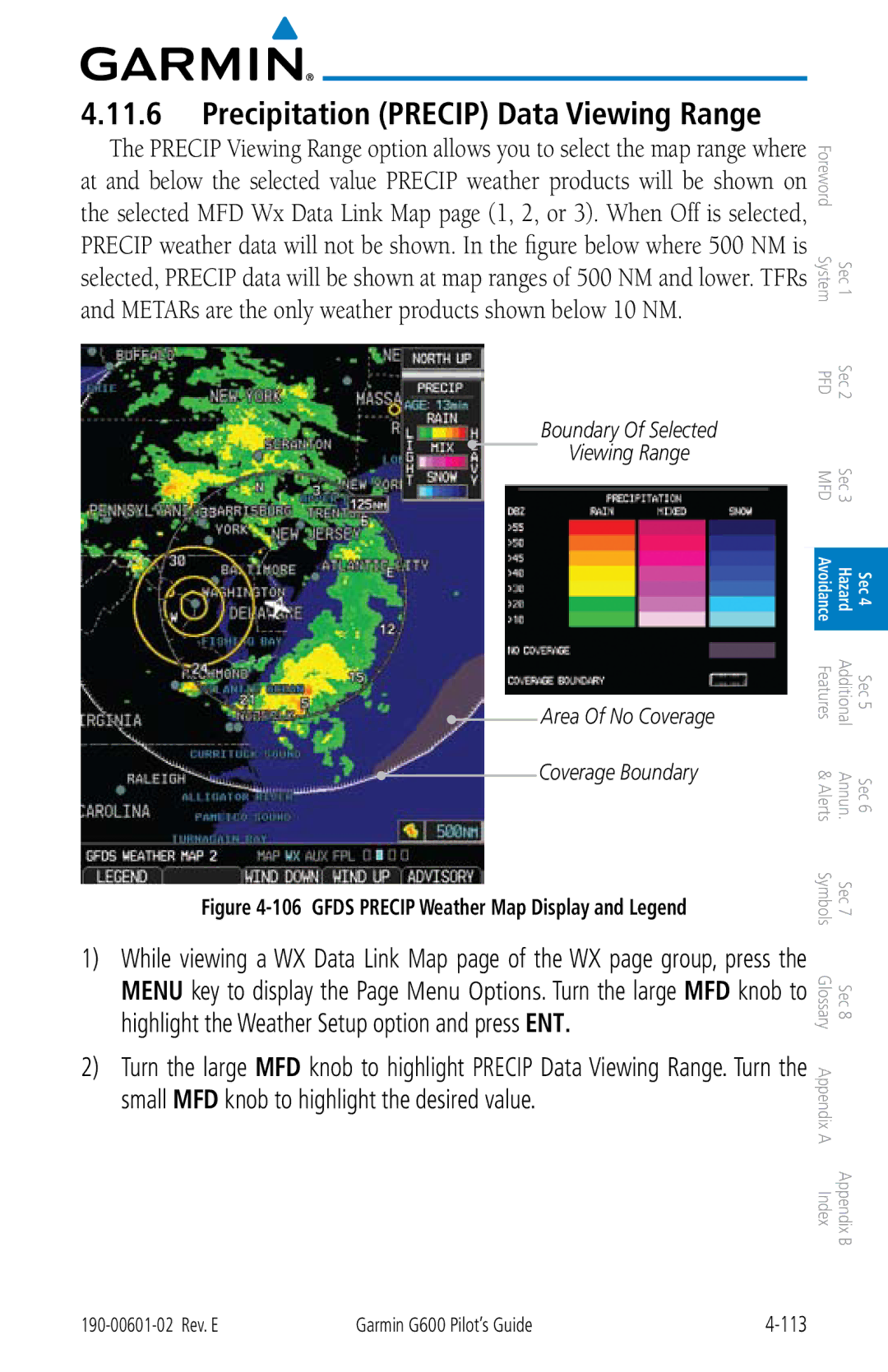 Garmin G600 manual Precipitation Precip Data Viewing Range 