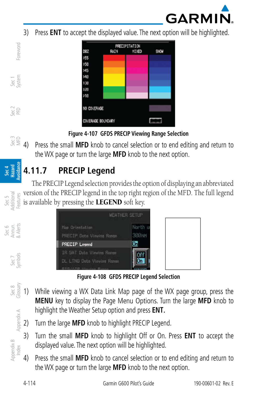 Garmin G600 manual Turn the large MFD knob to highlight Precip Legend 