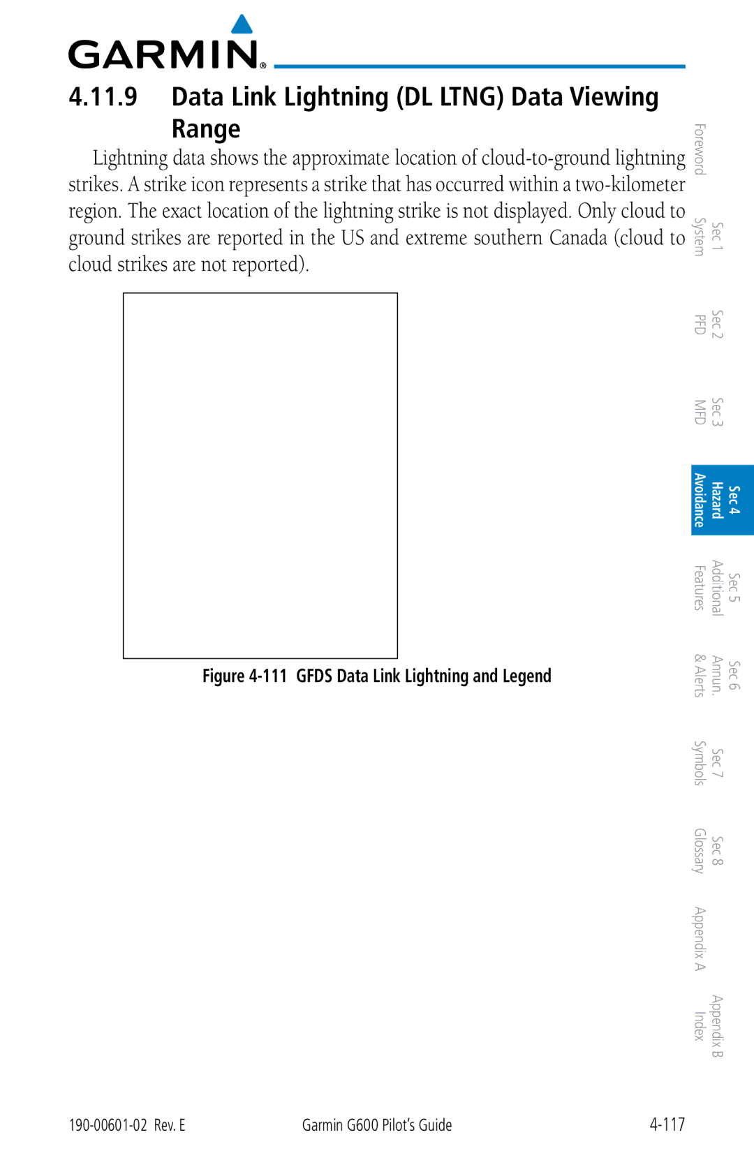 Garmin G600 manual Range, Gfds Data Link Lightning and Legend 