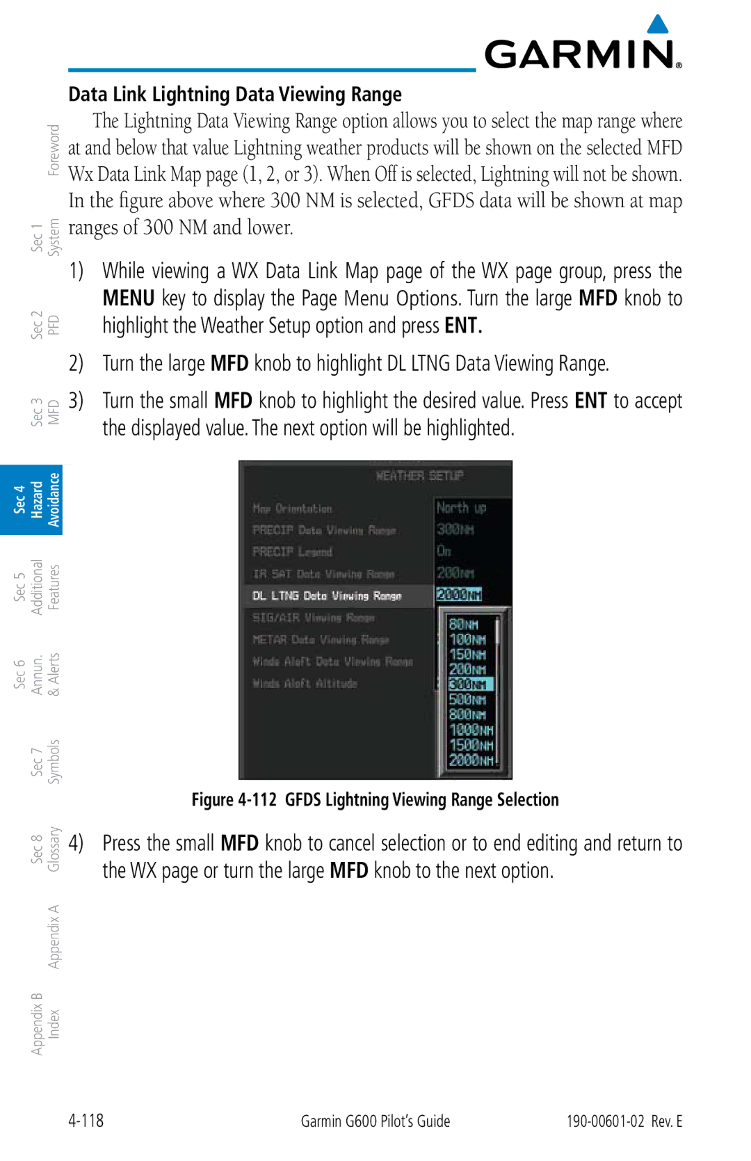 Garmin G600 manual Data Link Lightning Data Viewing Range, Gfds Lightning Viewing Range Selection 