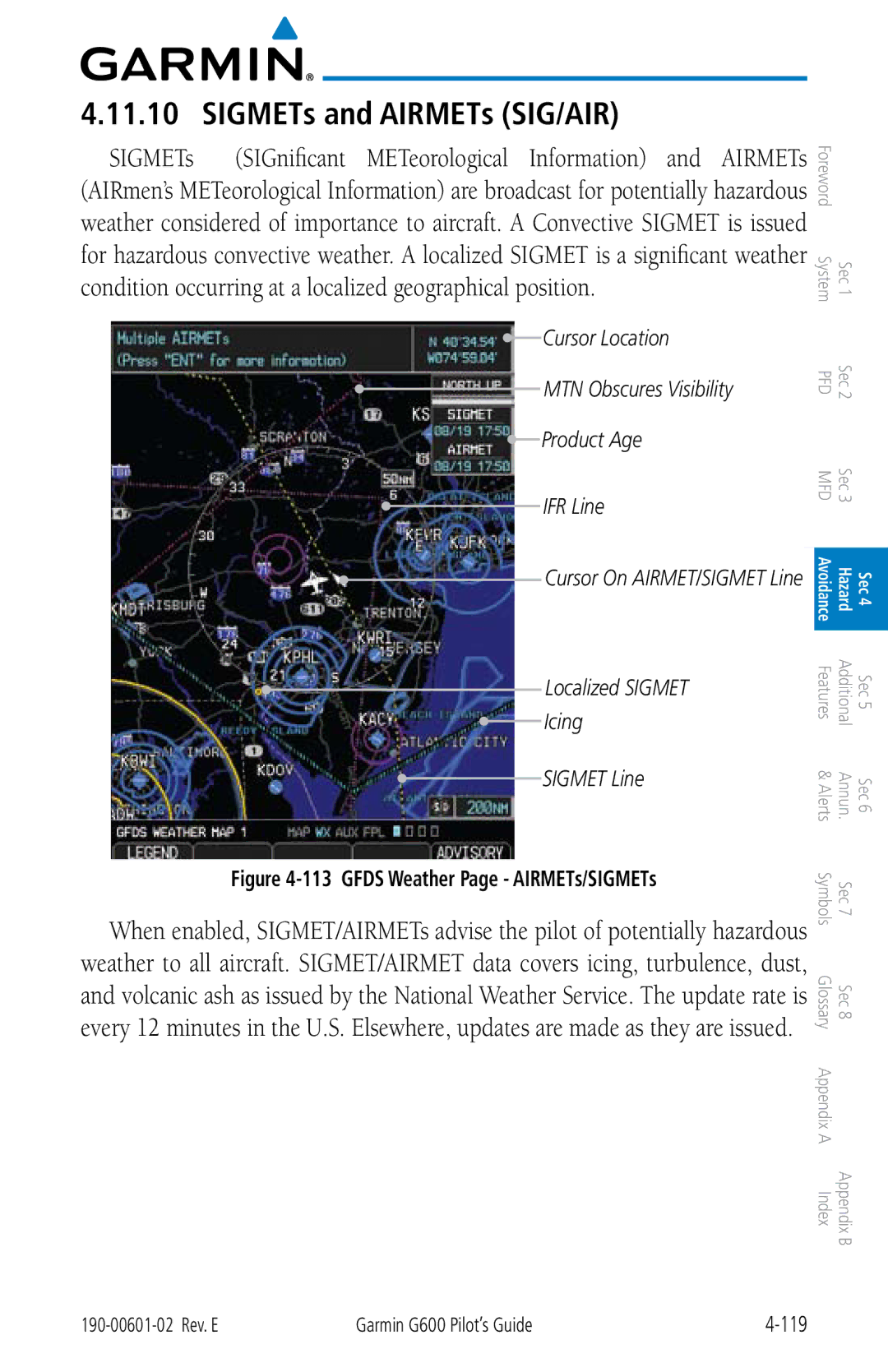 Garmin G600 manual SIGMETs and AIRMETs SIG/AIR, Localized Sigmet Icing Sigmet Line 