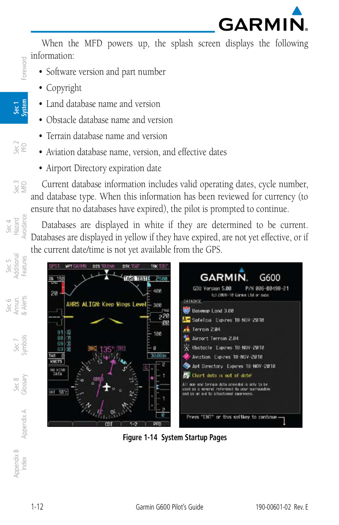 Garmin G600 manual Terrain database name and version 