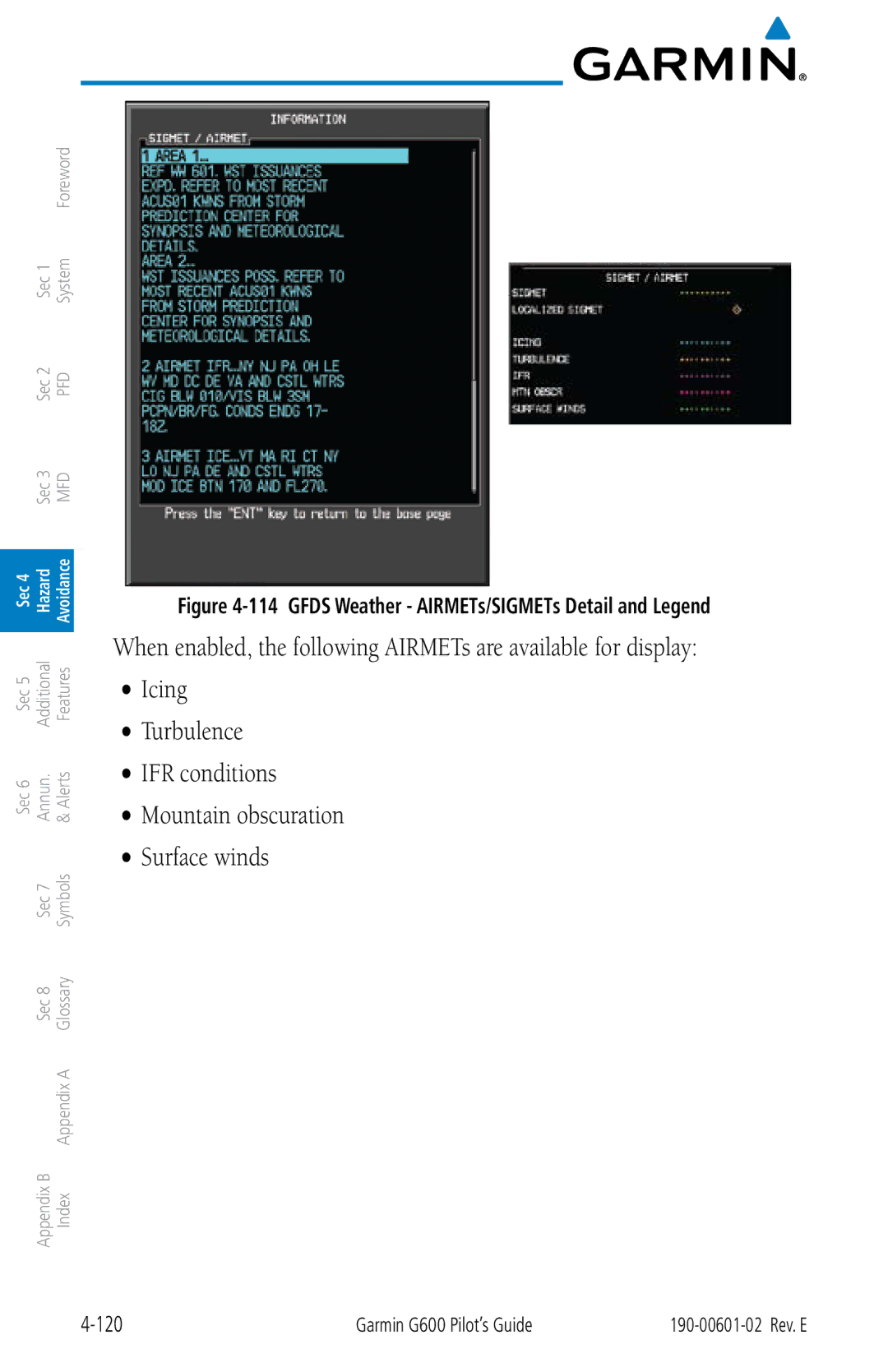 Garmin G600 manual Gfds Weather AIRMETs/SIGMETs Detail and Legend 