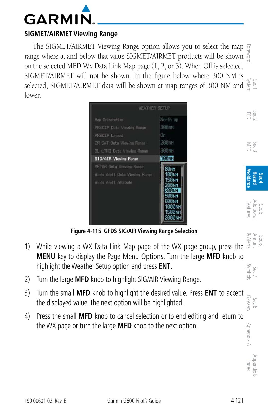 Garmin G600 manual Turn the large MFD knob to highlight SIG/AIR Viewing Range, Gfds SIG/AIR Viewing Range Selection 