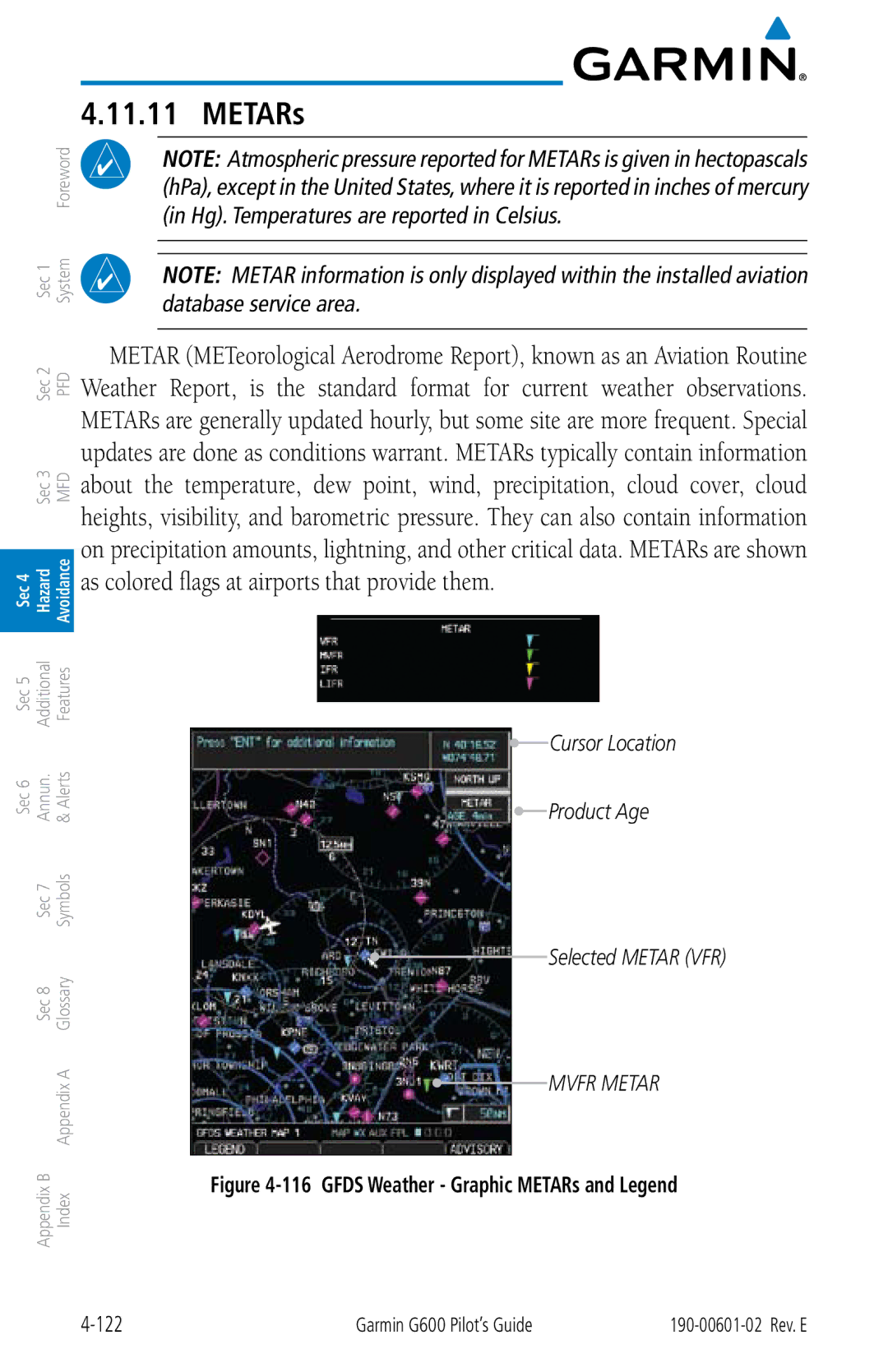 Garmin G600 manual Cursor Location Product Age Selected Metar VFR, Gfds Weather Graphic METARs and Legend 