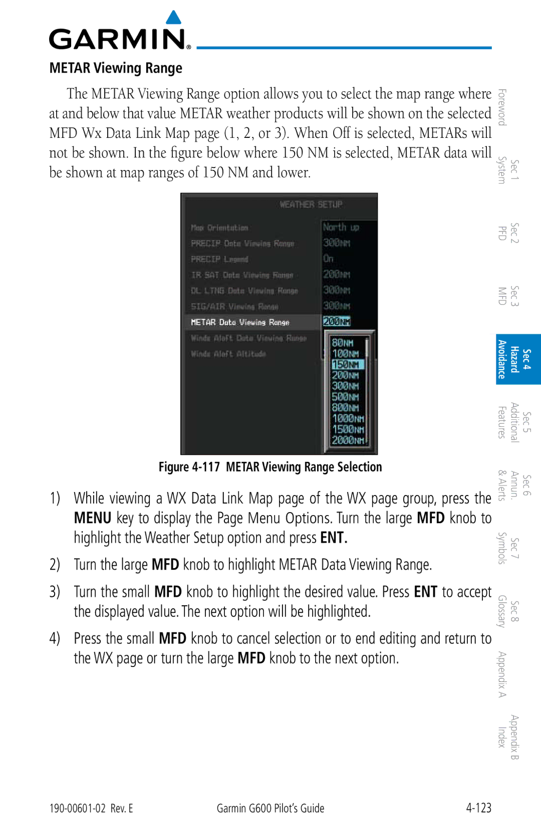 Garmin G600 manual Metar Viewing Range Selection 