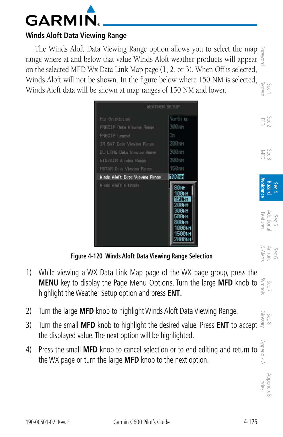 Garmin G600 manual Winds Aloft Data Viewing Range Selection 