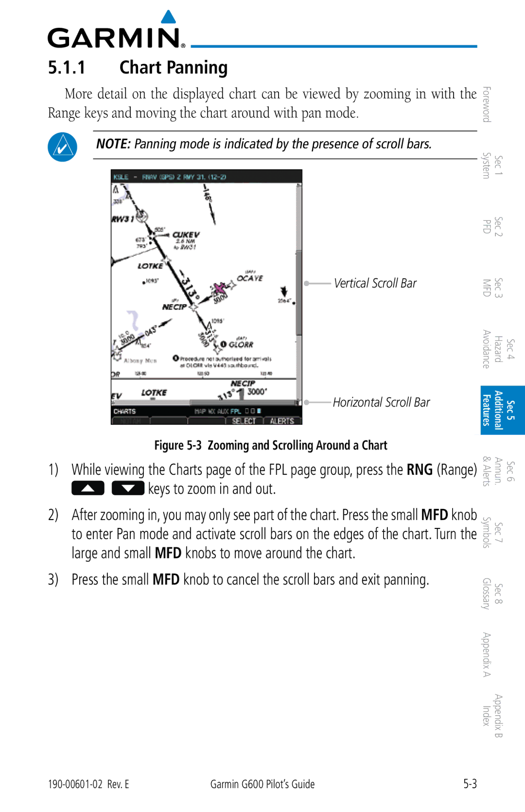 Garmin G600 manual Chart Panning, Vertical Scroll Bar Horizontal Scroll Bar 