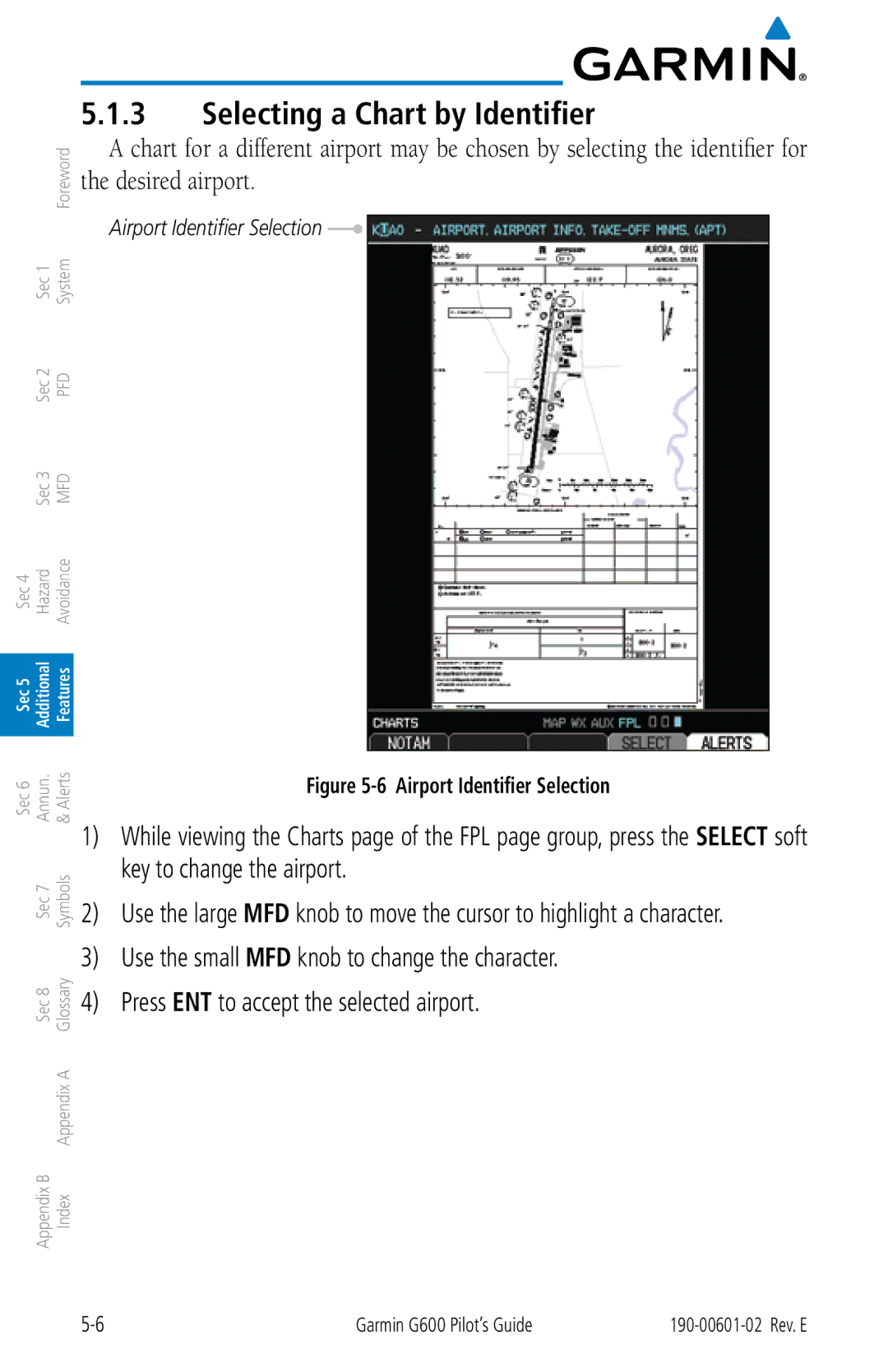 Garmin G600 manual Selecting a Chart by Identifier, Airport Identifier Selection 