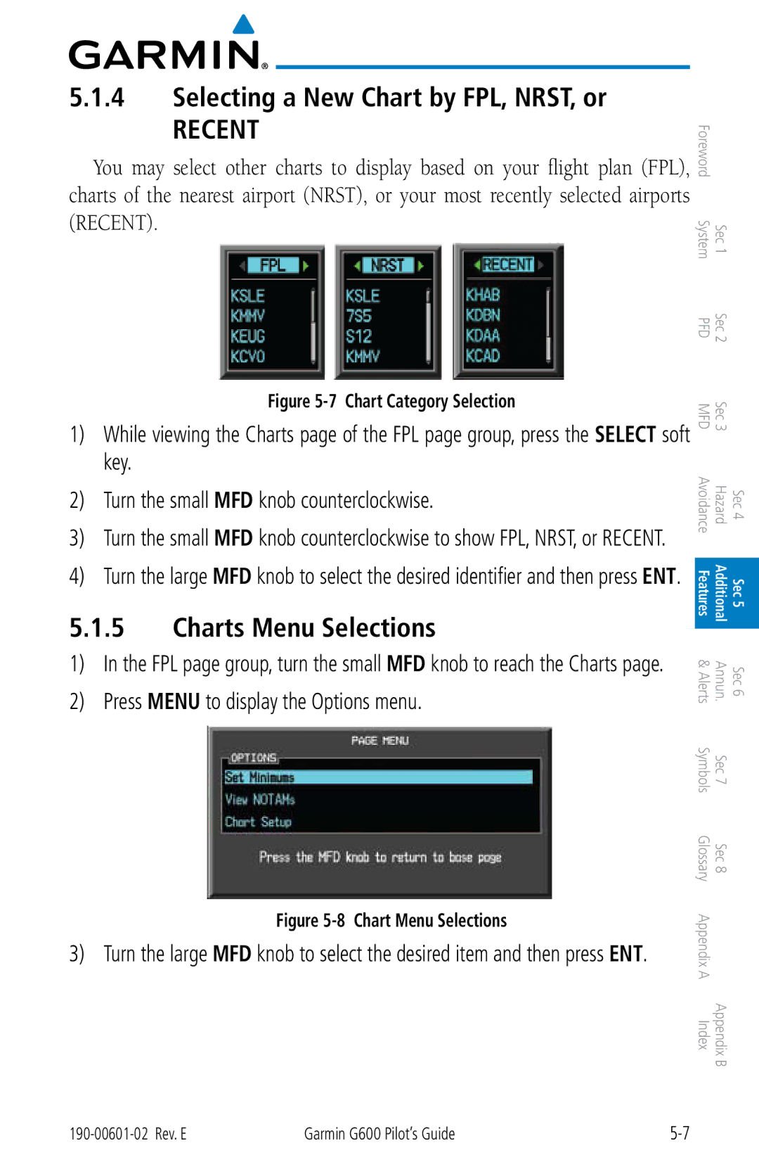 Garmin G600 manual Selecting a New Chart by FPL, NRST, or, Charts Menu Selections 