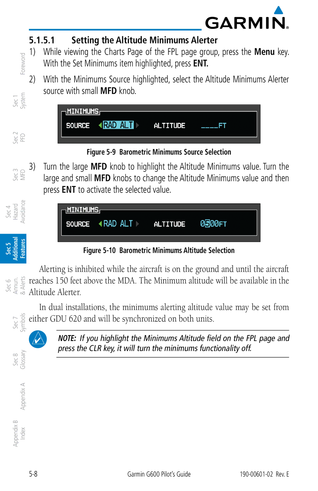 Garmin G600 manual Barometric Minimums Source Selection 