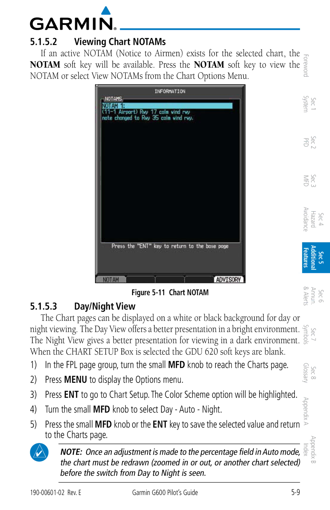 Garmin G600 manual Viewing Chart NOTAMs, 5.3 Day/Night View 