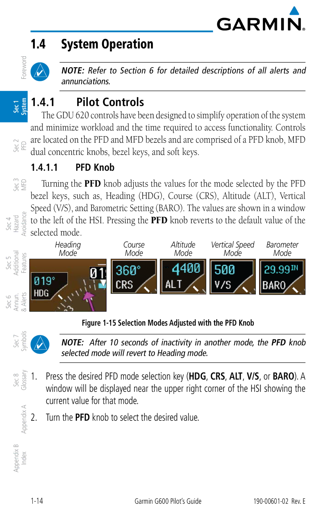 Garmin G600 manual System Operation, Pilot Controls, PFD Knob, Turn the PFD knob to select the desired value 