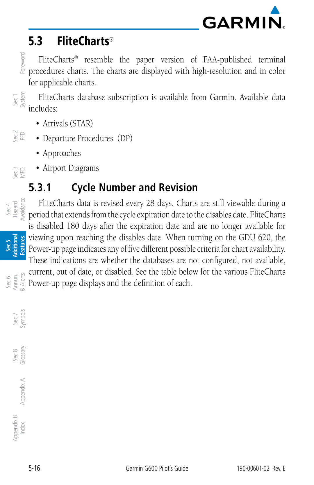 Garmin G600 manual FliteCharts, Cycle Number and Revision 