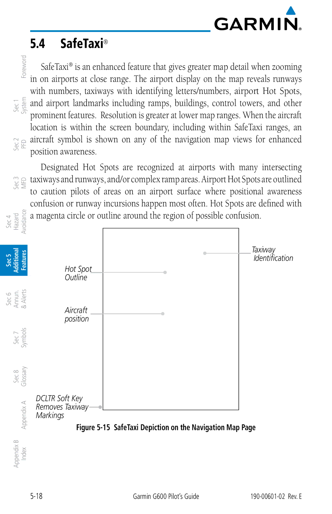 Garmin G600 manual SafeTaxi, Taxiway Identification Hot Spot Outline, Dcltr Soft Key Removes Taxiway Markings 