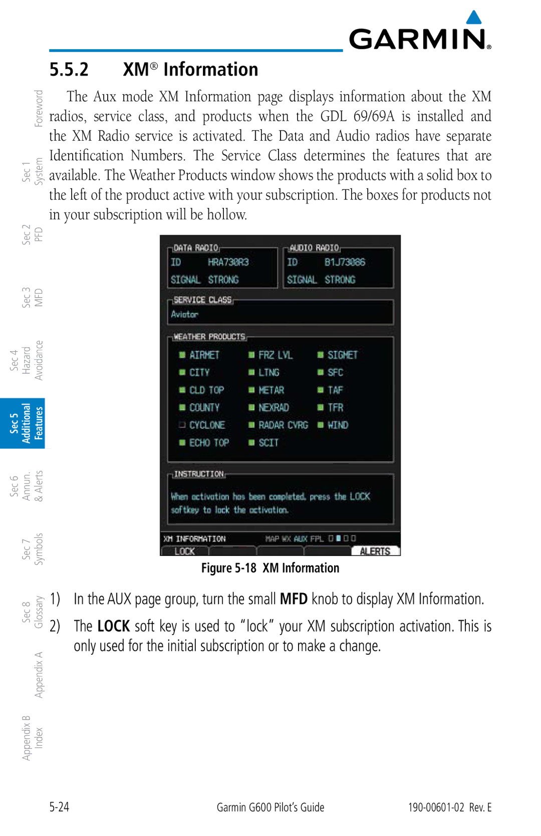 Garmin G600 manual XM Information 