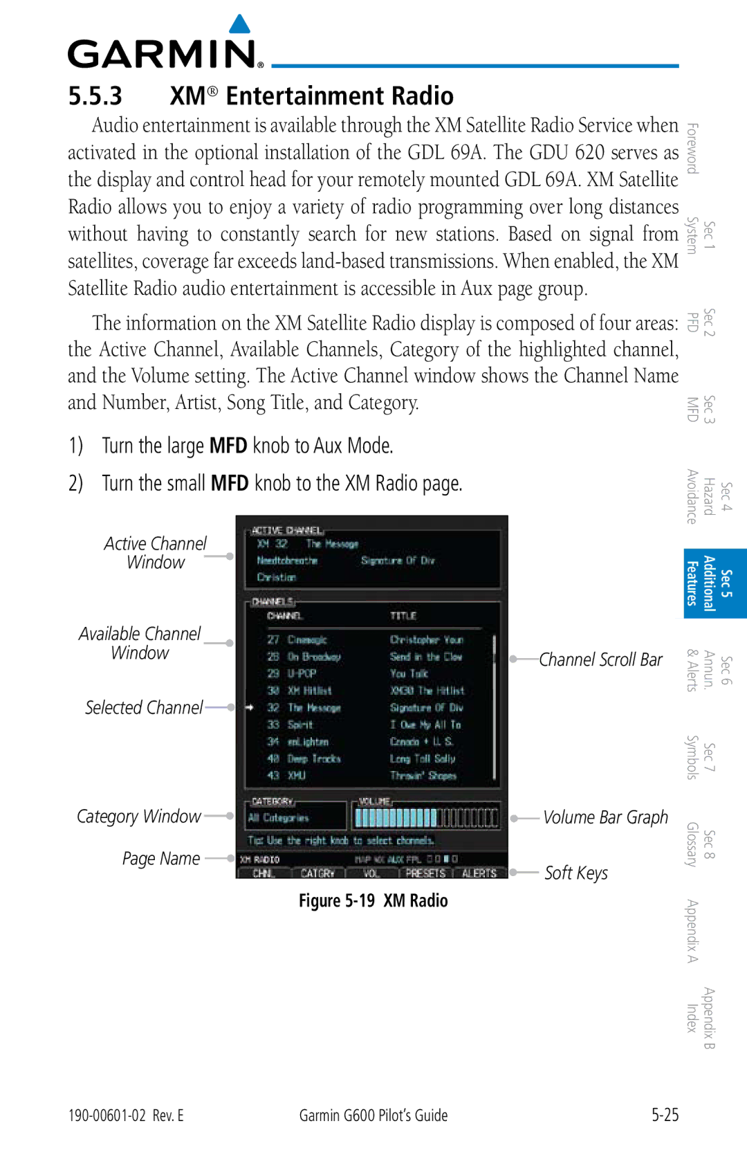 Garmin G600 manual XM Entertainment Radio, Turn the large MFD knob to Aux Mode 