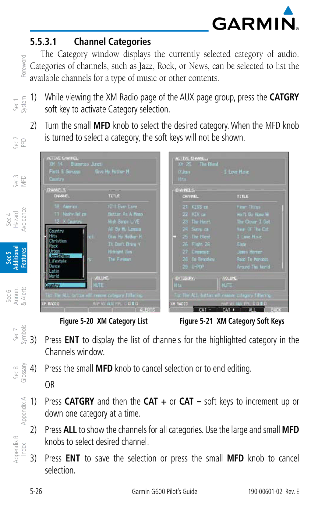 Garmin G600 manual Channel Categories, XM Category List 