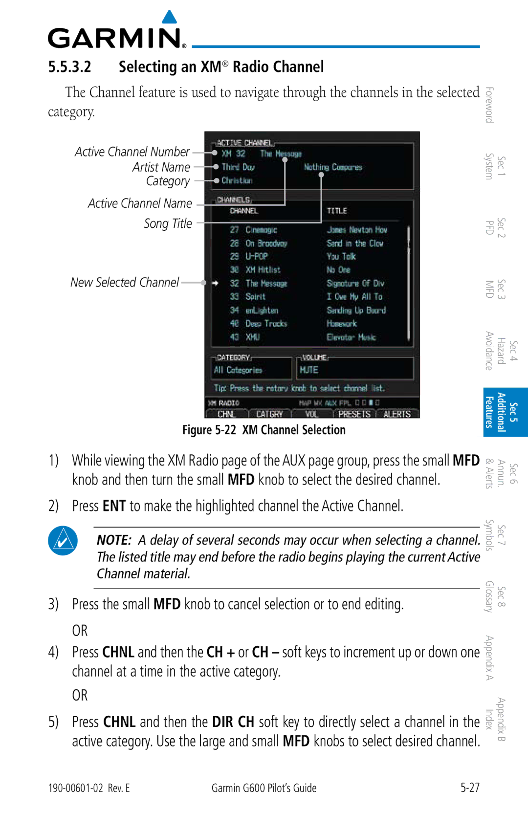 Garmin G600 manual Selecting an XM Radio Channel, XM Channel Selection 