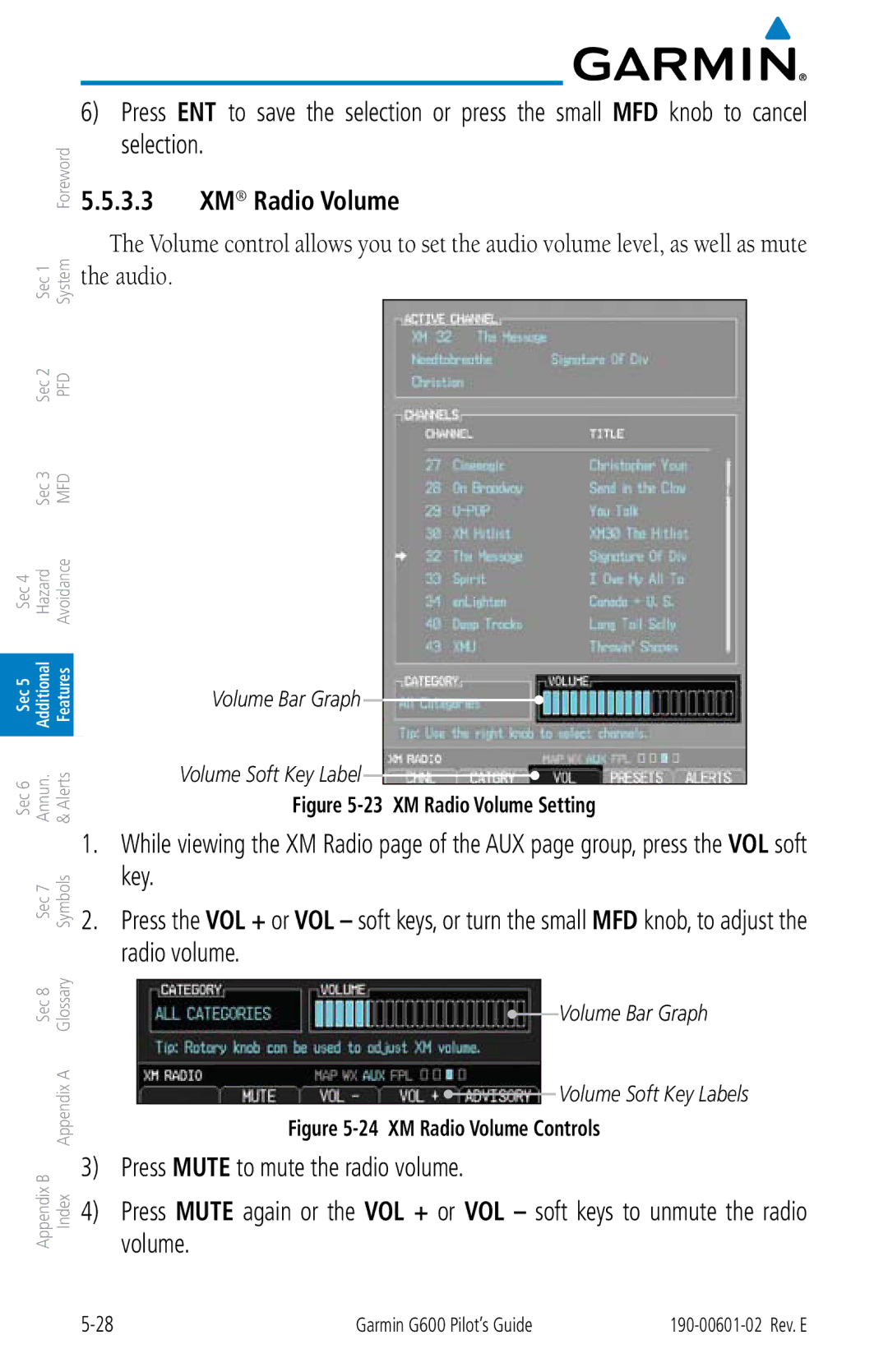 Garmin G600 manual XM Radio Volume, Volume Bar Graph Volume Soft Key Labels 