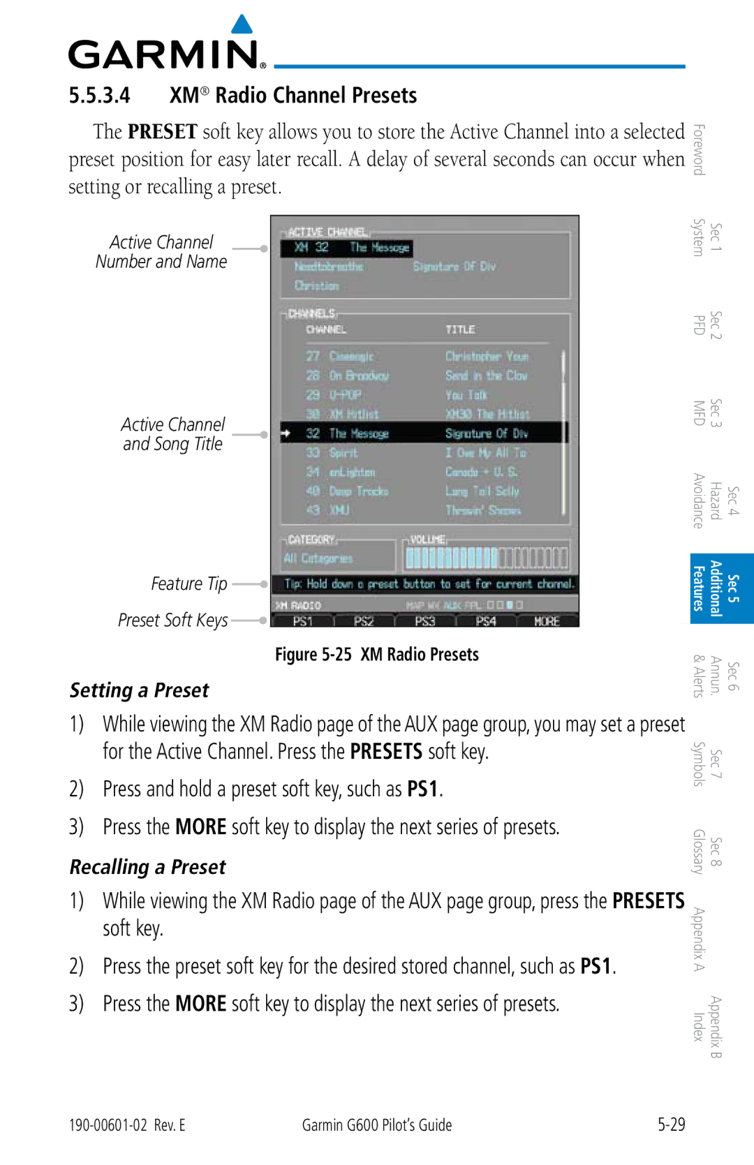 Garmin G600 manual XM Radio Channel Presets, Press and hold a preset soft key, such as PS1 