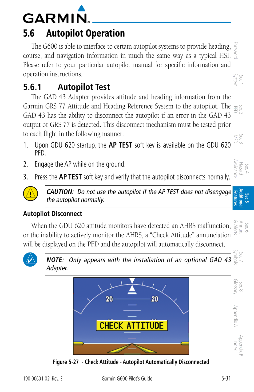 Garmin G600 manual Autopilot Operation, Autopilot Test, Autopilot Disconnect 