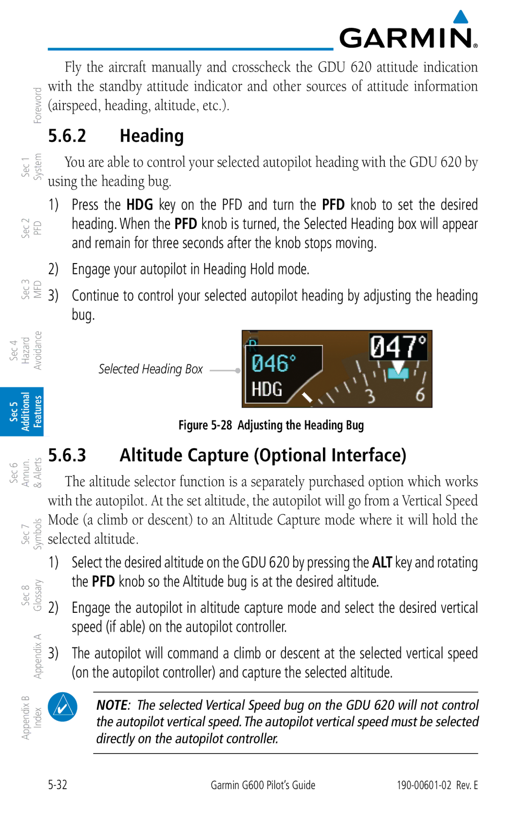 Garmin G600 manual Altitude Capture Optional Interface, Selected Heading Box 