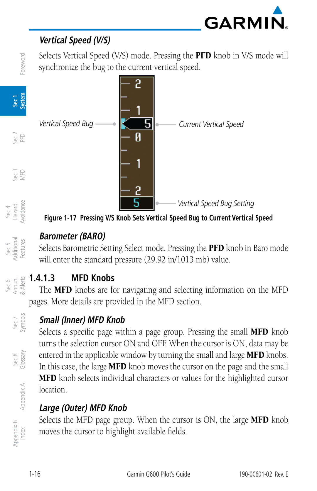 Garmin G600 manual MFD Knobs, Vertical Speed Bug Setting 