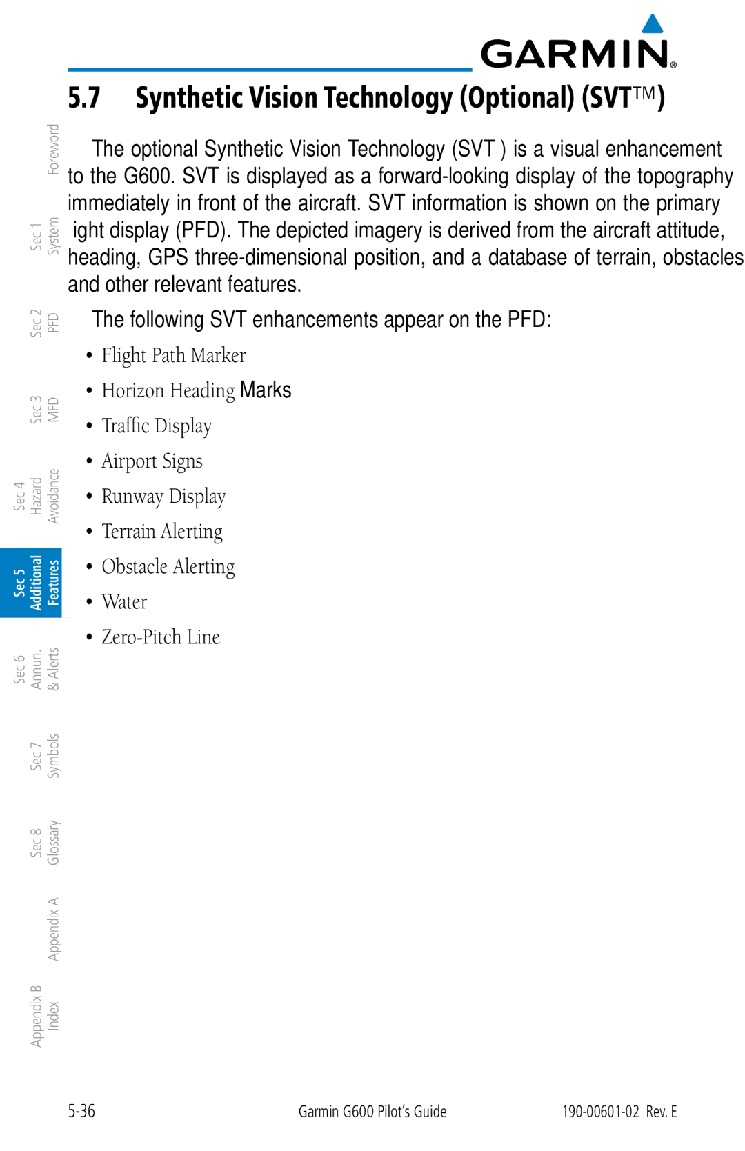 Garmin G600 manual Synthetic Vision Technology Optional SVT 
