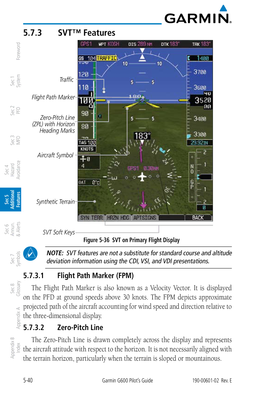 Garmin G600 manual SVT Features, Flight Path Marker FPM, Zero-Pitch Line 