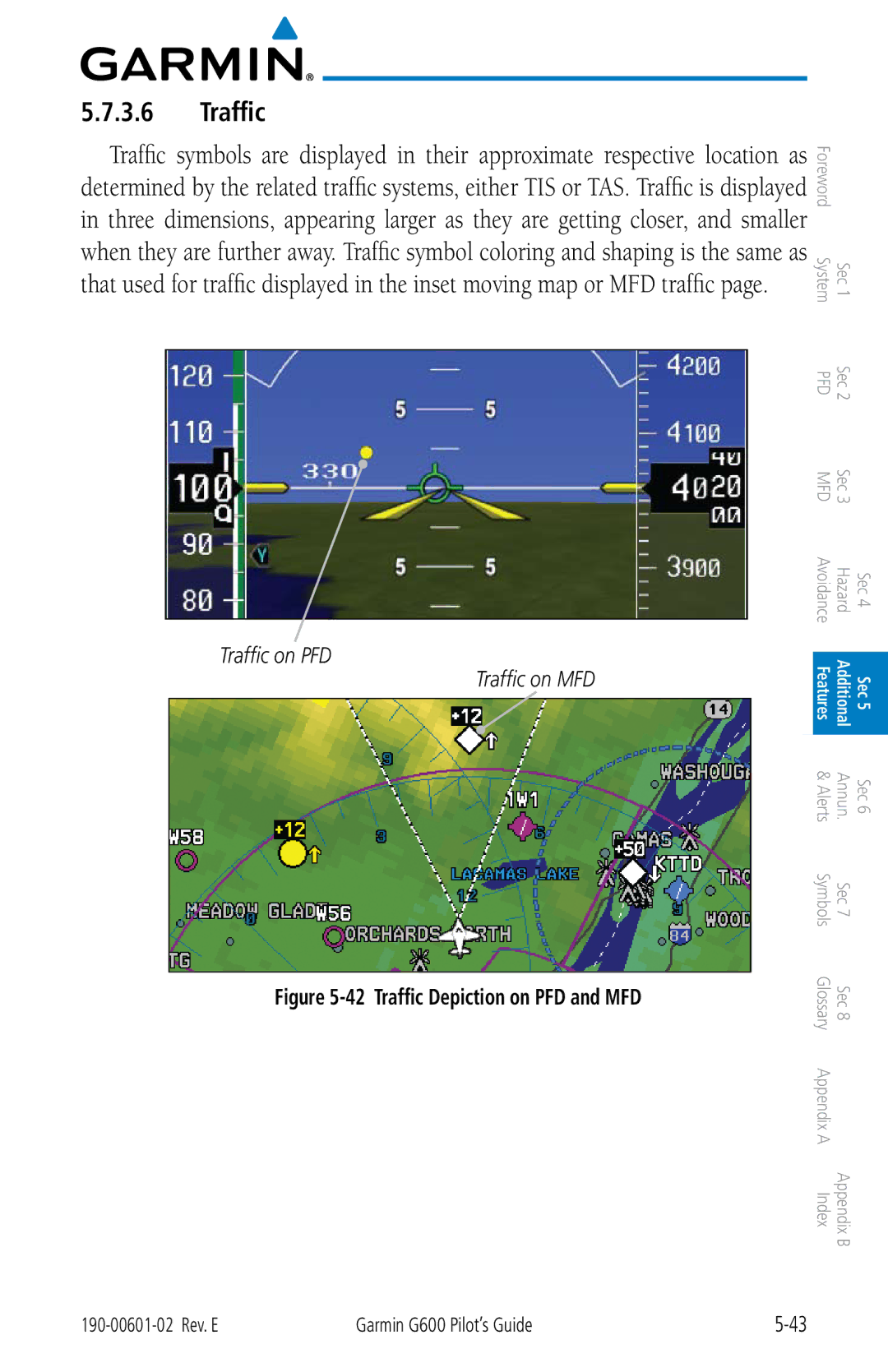 Garmin G600 manual Traffic on PFD Traffic on MFD, Traffic Depiction on PFD and MFD 