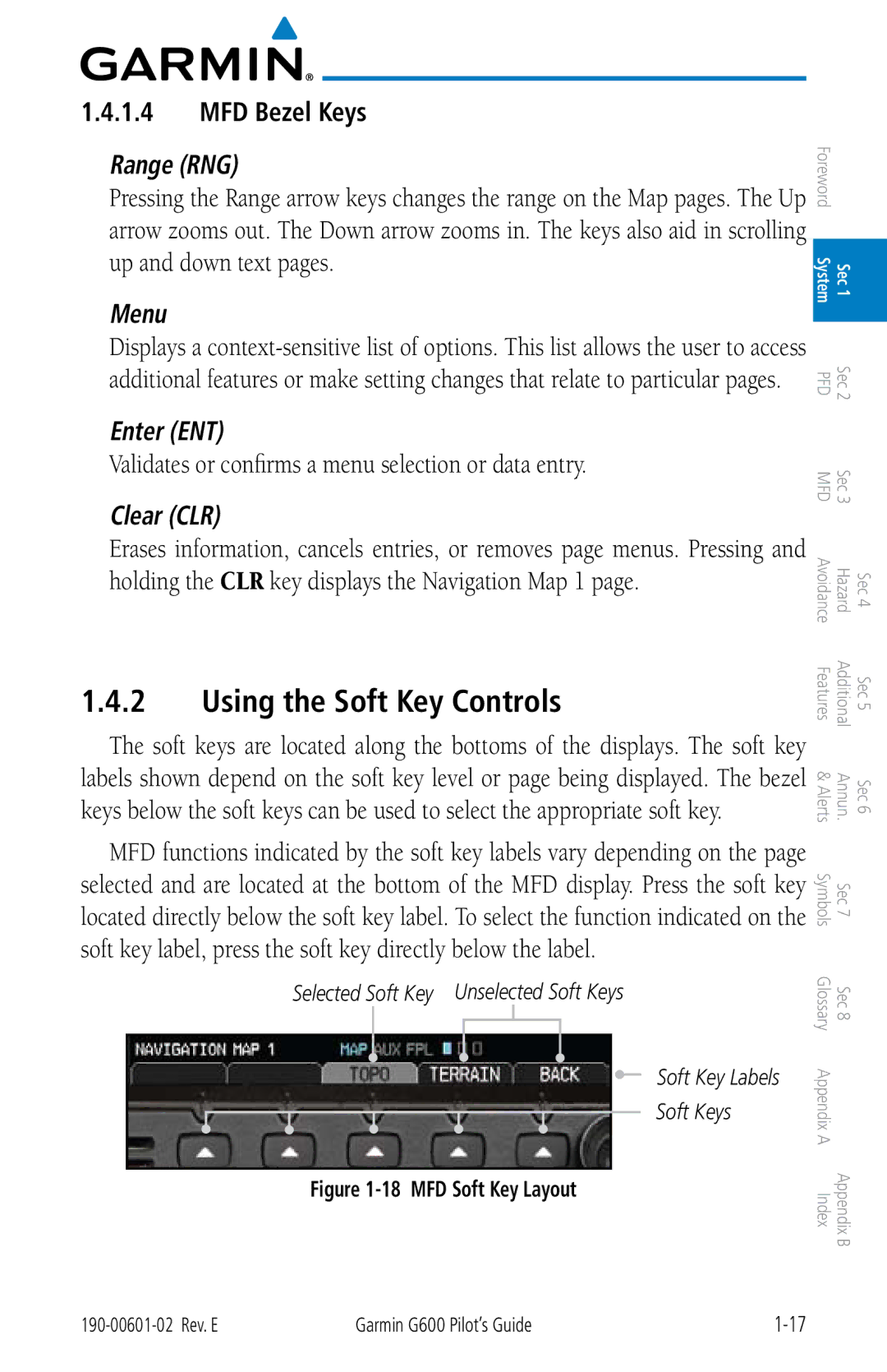 Garmin G600 manual Using the Soft Key Controls, MFD Bezel Keys, Selected Soft Key Unselected Soft Keys Soft Key Labels 