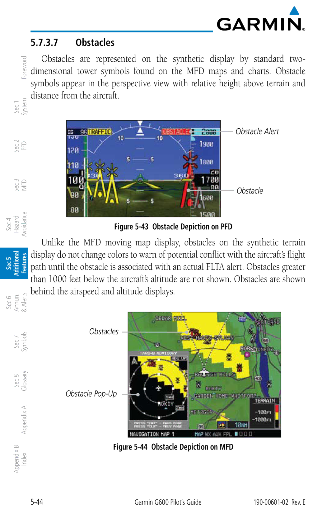 Garmin G600 manual Obstacle Alert, Obstacles Obstacle Pop-Up 