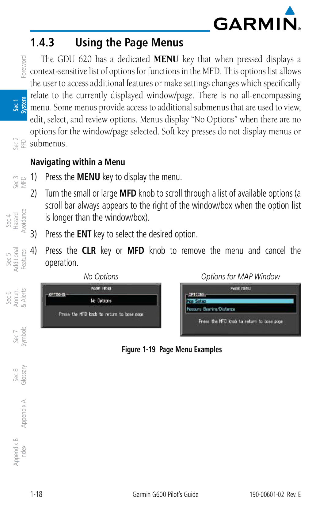 Garmin G600 manual Using the Page Menus, Press the Menu key to display the menu, Navigating within a Menu 