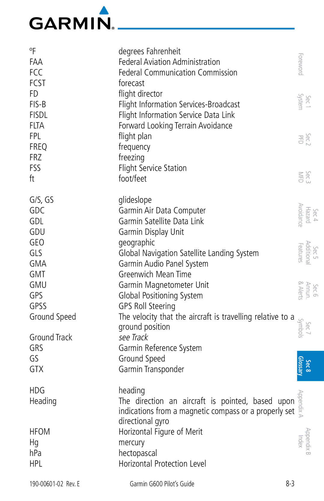 Garmin G600 manual FAA FCC Fcst, Heading 