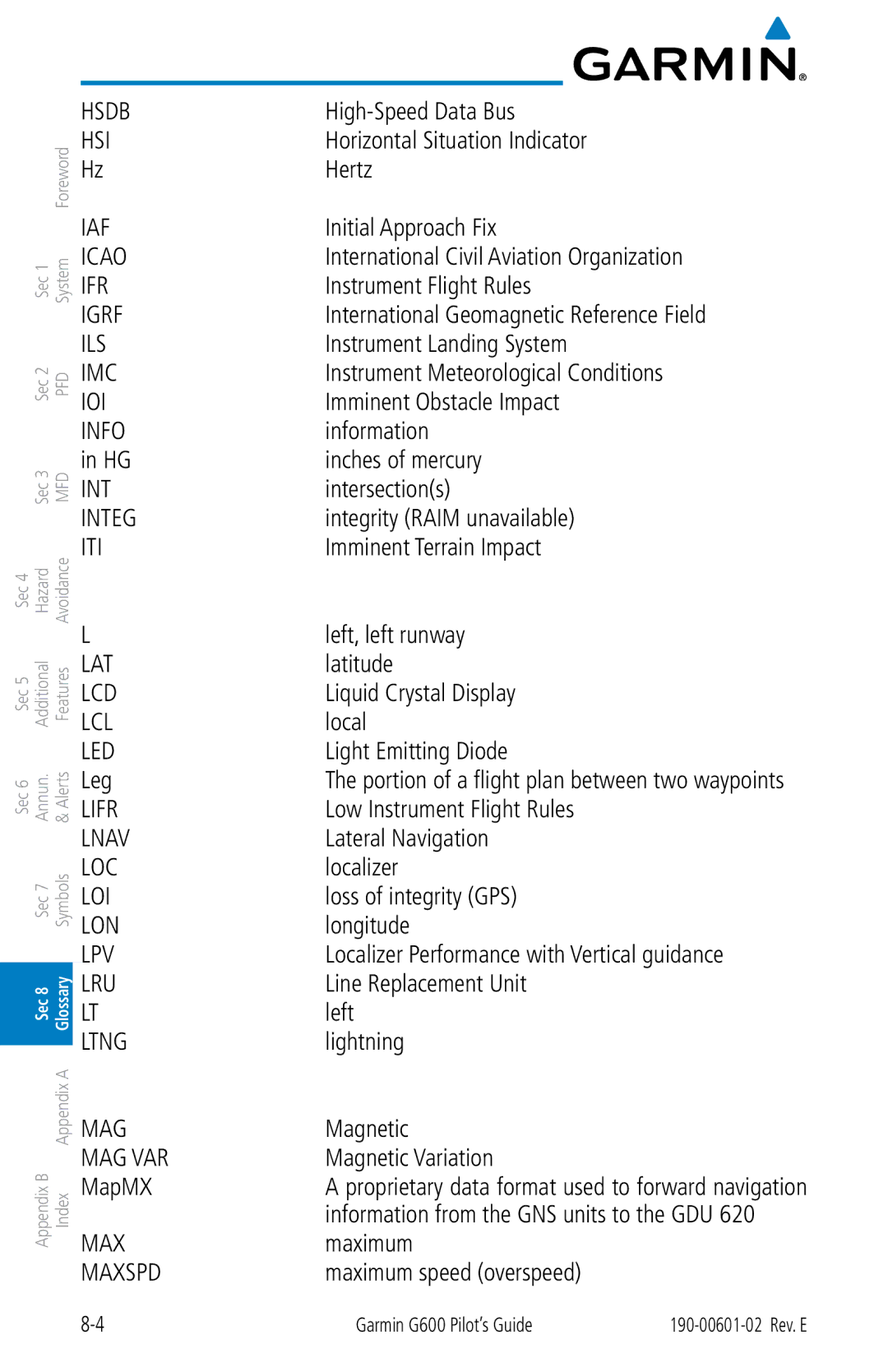 Garmin G600 manual Leg, Lifr Lnav LOC LOI LON LPV LRU Ltng 