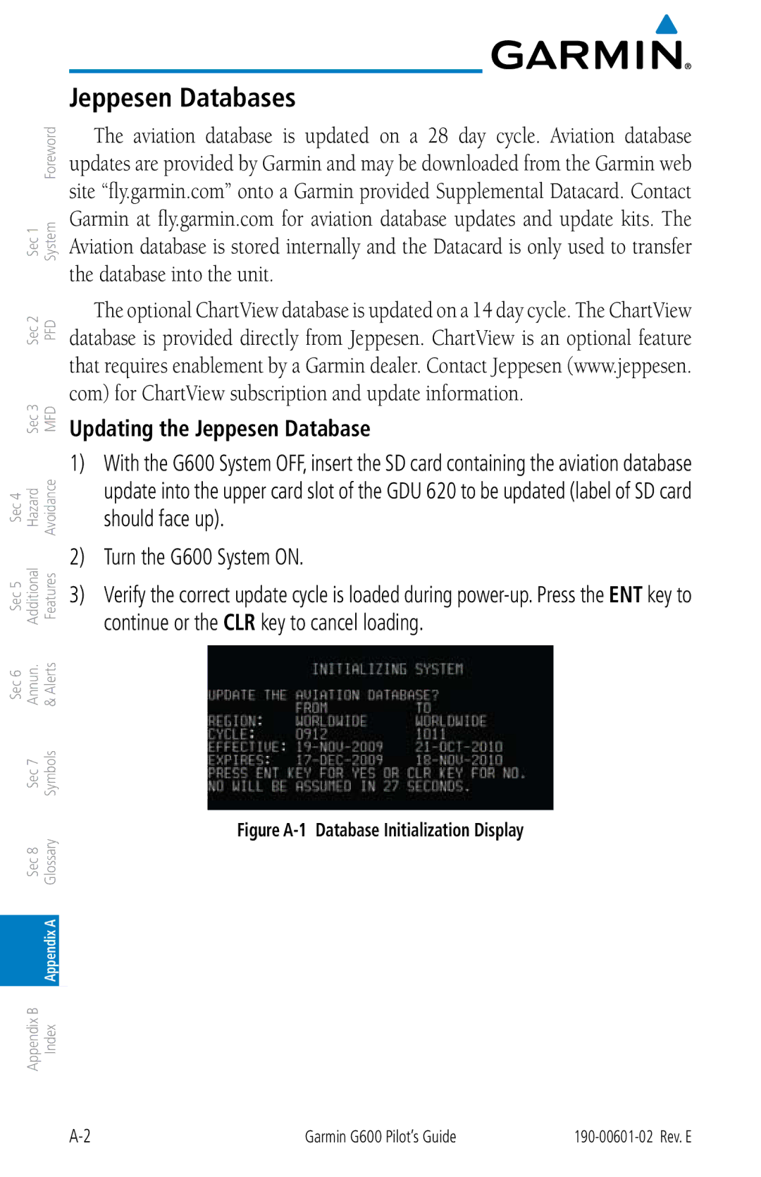 Garmin G600 manual Jeppesen Databases, Updating the Jeppesen Database 