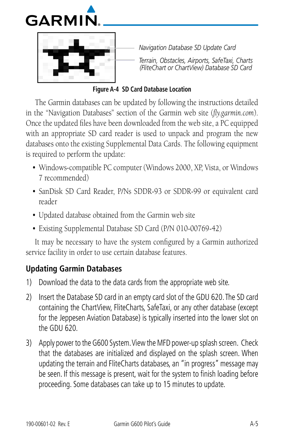 Garmin G600 manual Updating Garmin Databases, Navigation Database SD Update Card 