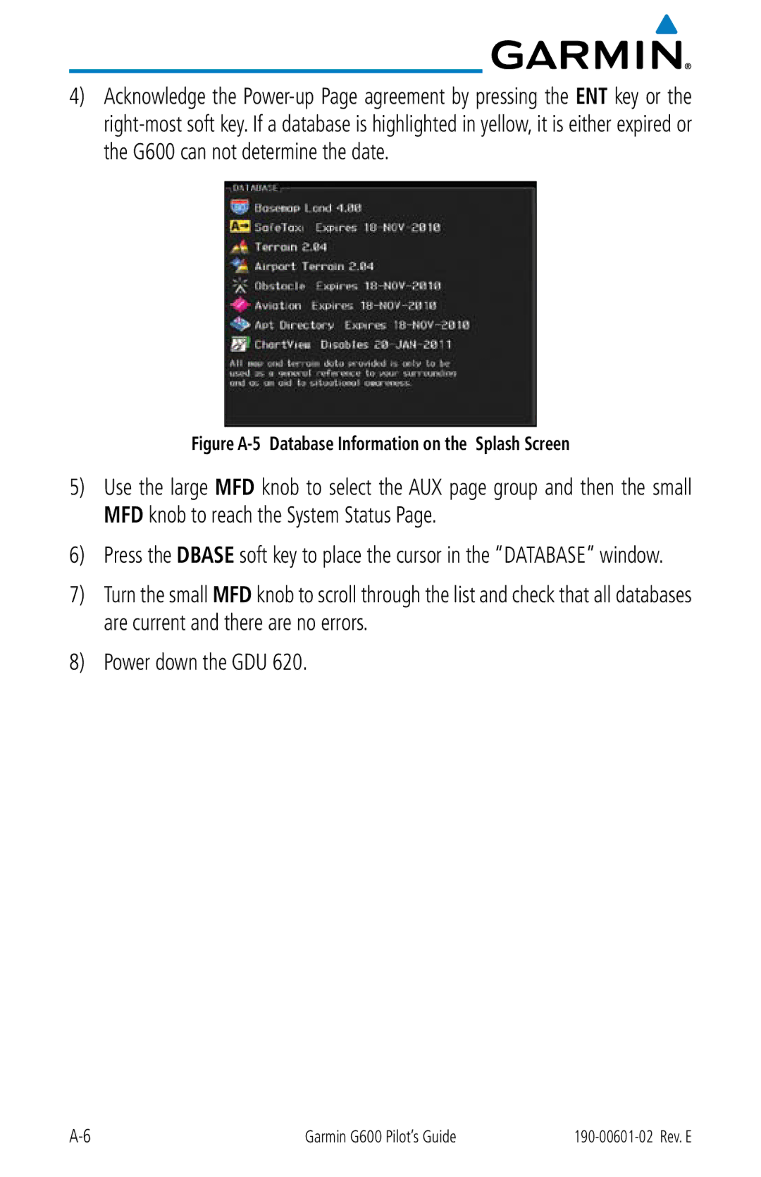 Garmin G600 manual Figure A-5 Database Information on the Splash Screen 