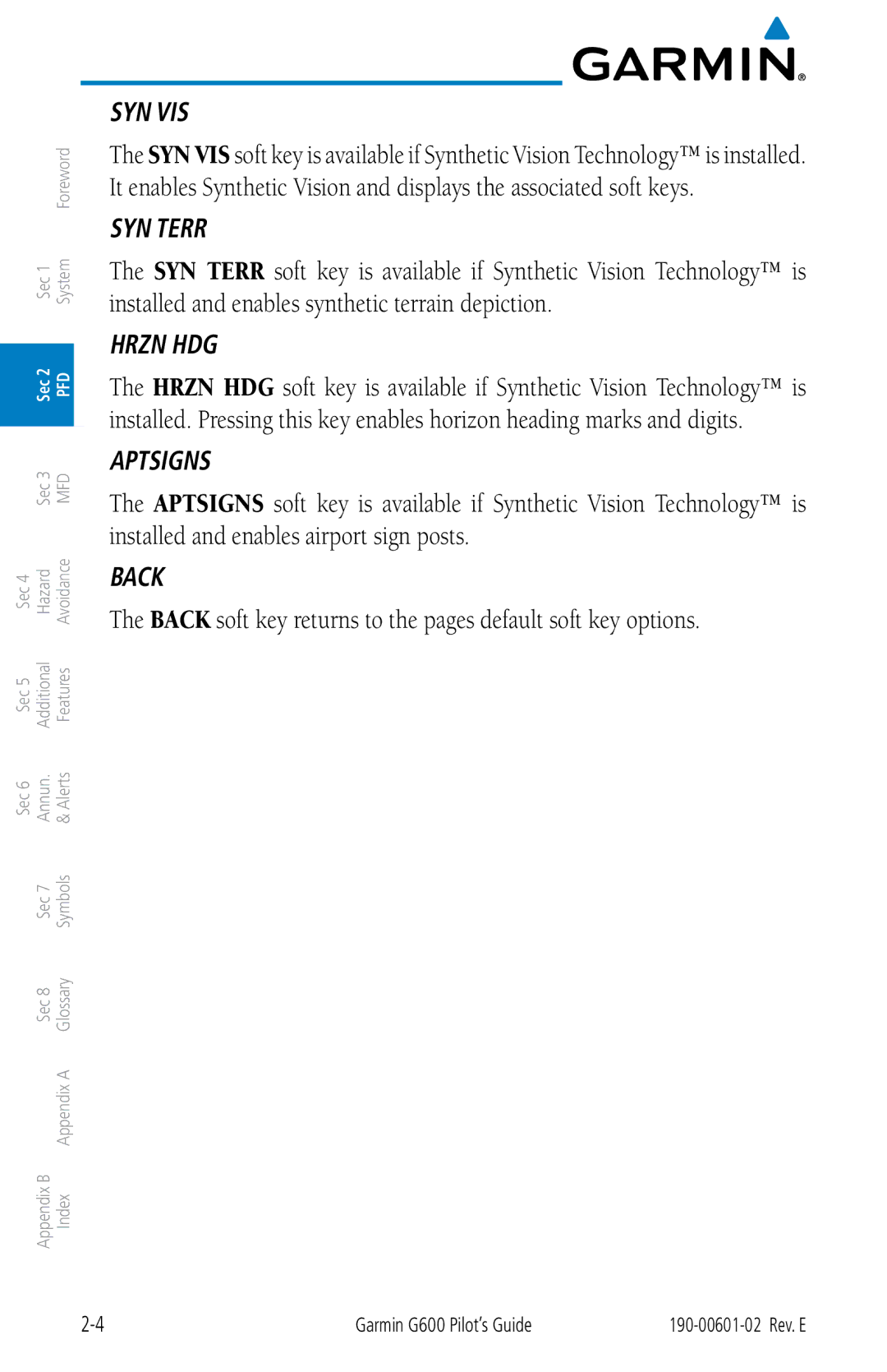 Garmin G600 manual Syn Vis 