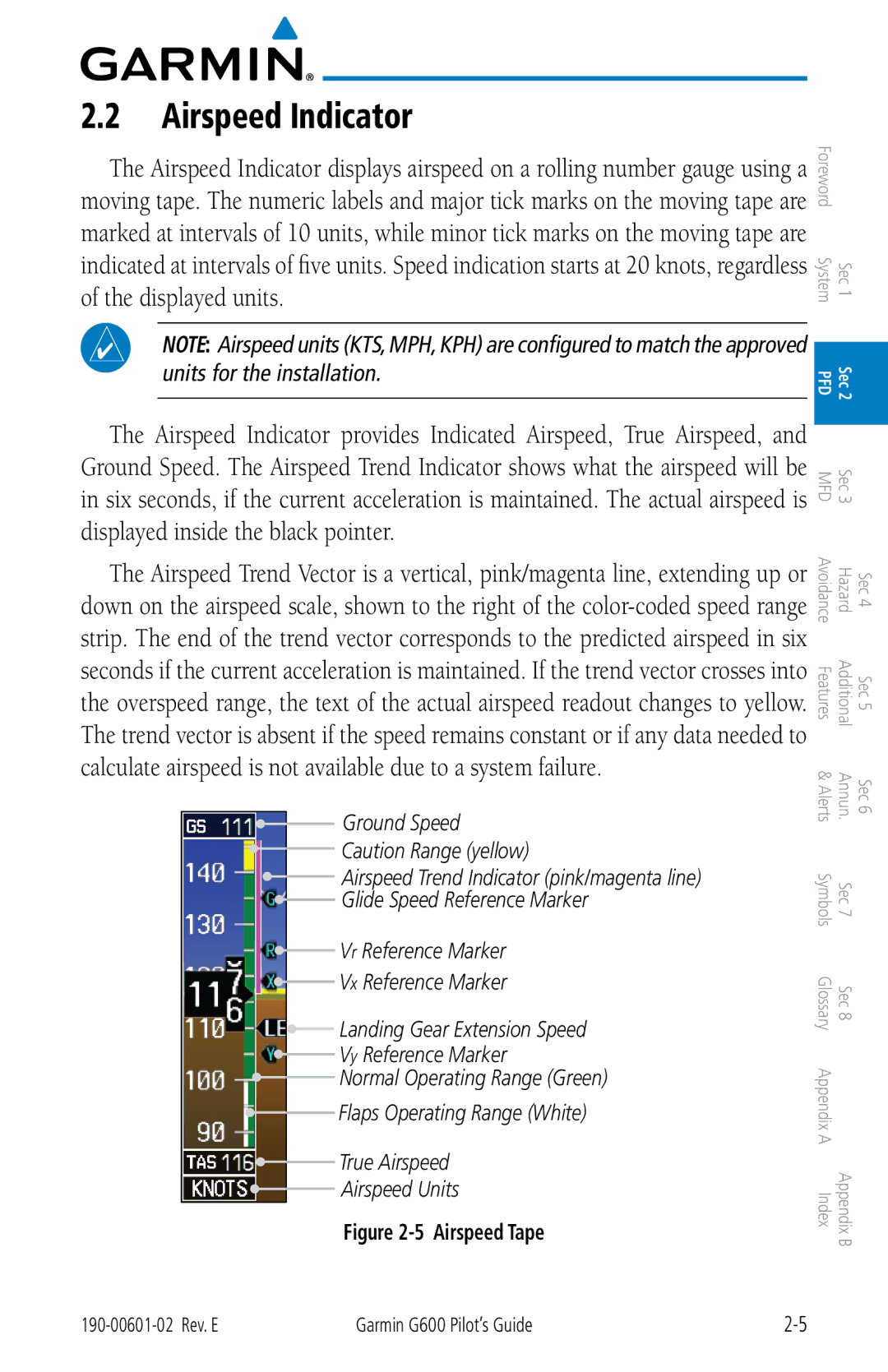 Garmin G600 manual Airspeed Indicator, Airspeed Tape 