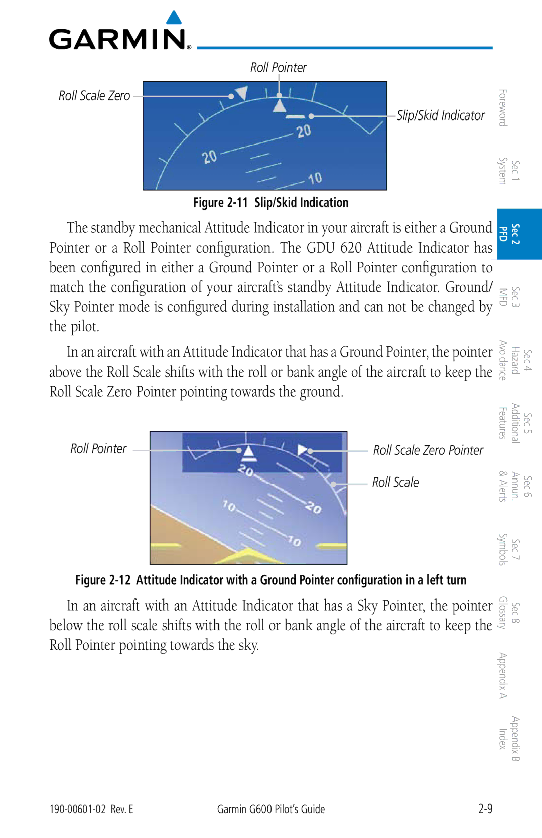 Garmin G600 manual Roll Pointer Roll Scale Zero 