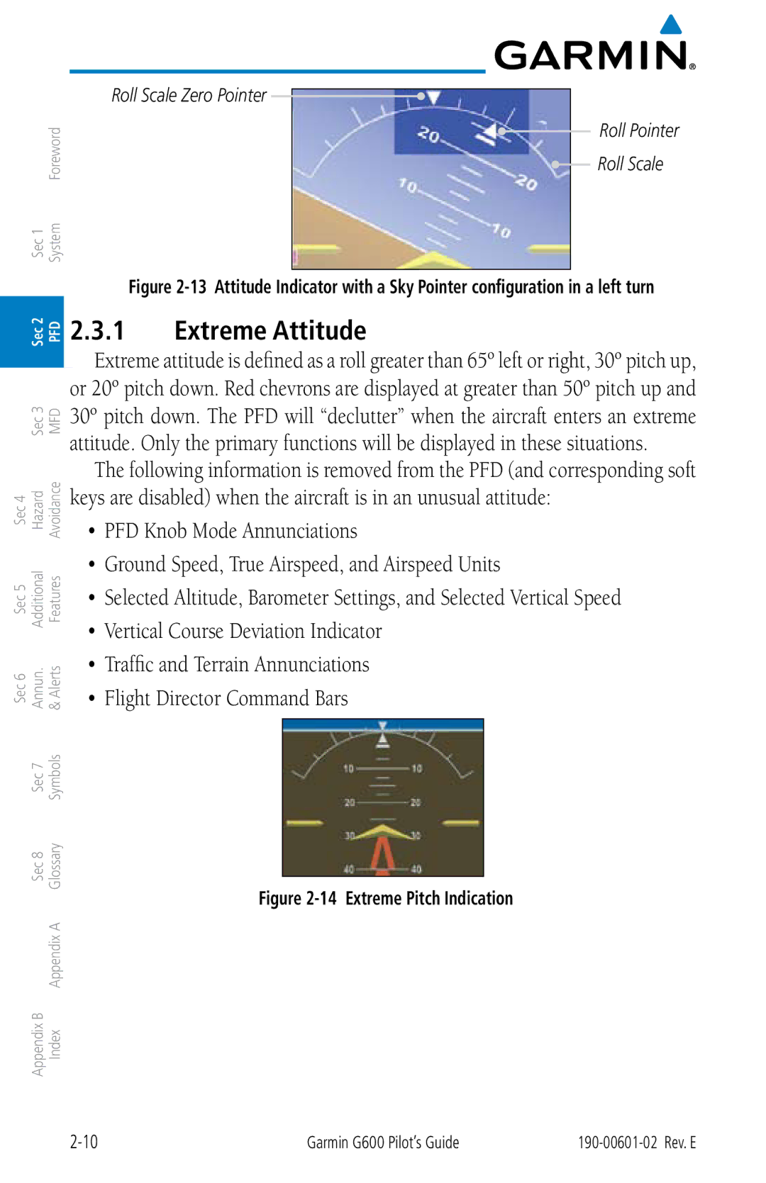 Garmin G600 manual Extreme Attitude, PFD Knob Mode Annunciations, Roll Scale Zero Pointer Roll Pointer 