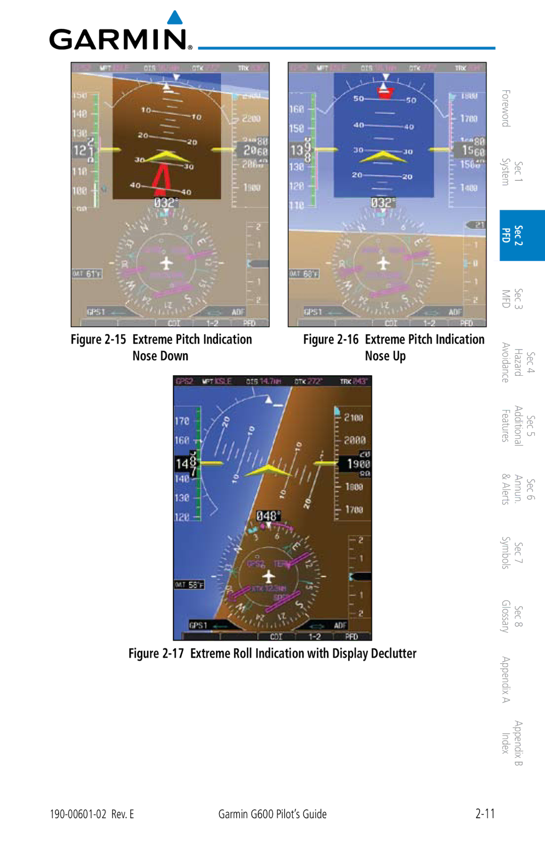 Garmin G600 manual Nose Up, Extreme Pitch Indication 