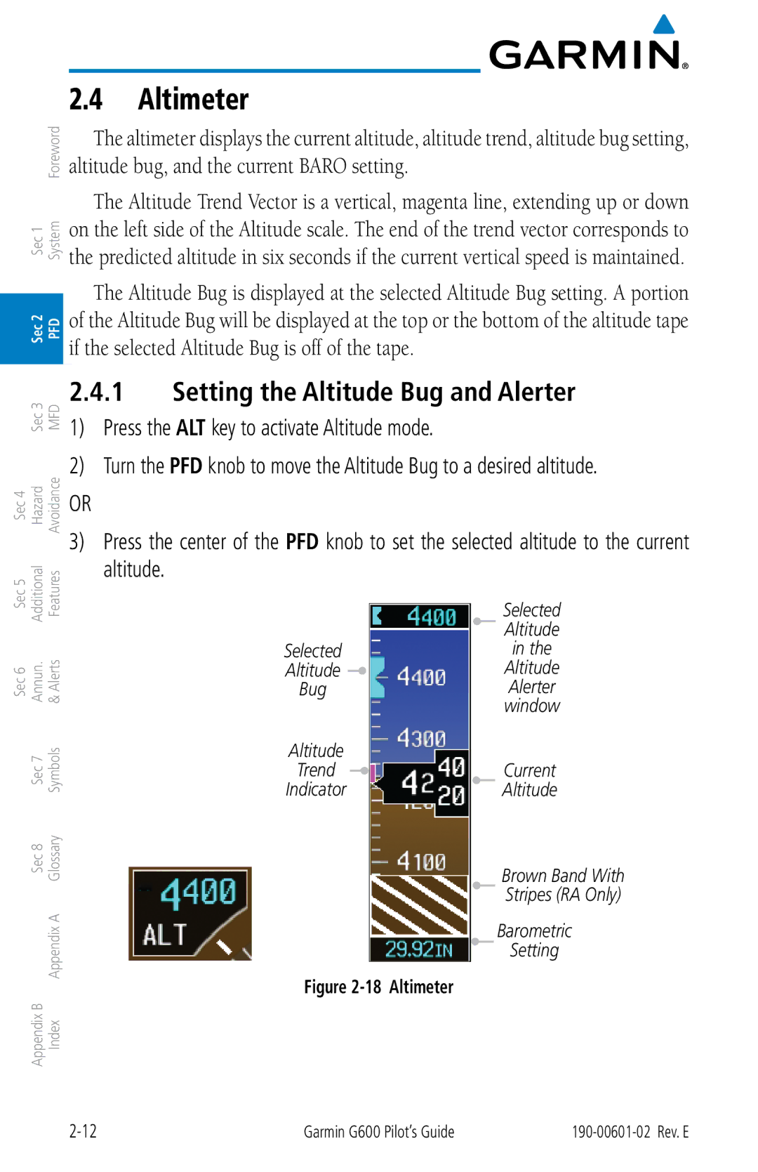 Garmin G600 manual Altimeter, Setting the Altitude Bug and Alerter 