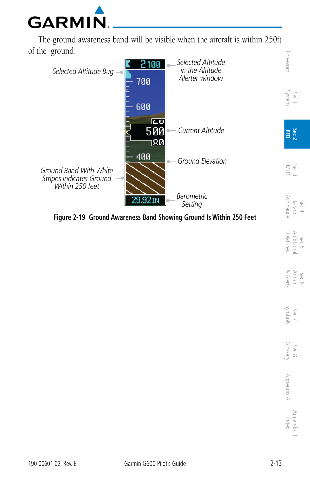 Garmin G600 manual Ground Awareness Band Showing Ground Is Within 250 Feet 